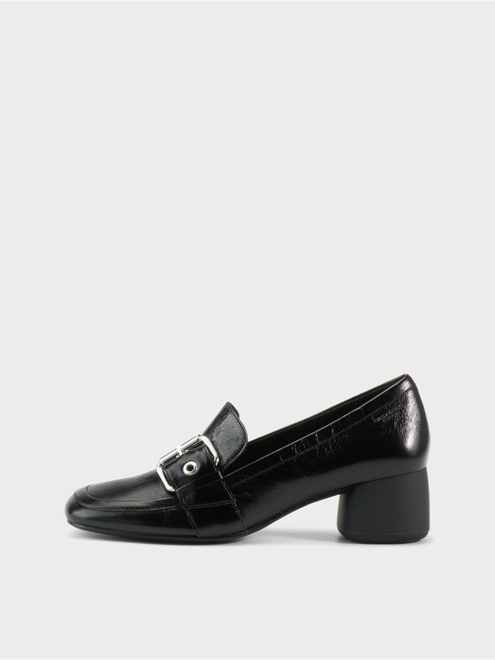 Vagabond Shoes - Vagabond Black Leather Block Heel Loafer with Silver Buckle Accent